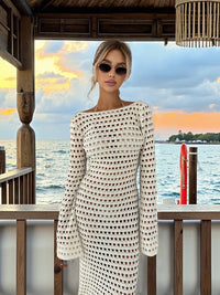 Sexy Knit Mesh Backless Long Bell Sleeve Beach Maxi Dress 2026 Women's Summer Slim Outfits Vacation Swimsuit Cover Up Tunic K205