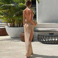 Women Cover Ups Sexy Hollow Out Dresses Spliced Sleeveless Split Long Dress Swimwears Sling Backless Knit Y2k Summer Beach