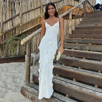 Women Cover Ups Sexy Hollow Out Dresses Spliced Sleeveless Split Long Dress Swimwears Sling Backless Knit Y2k Summer Beach